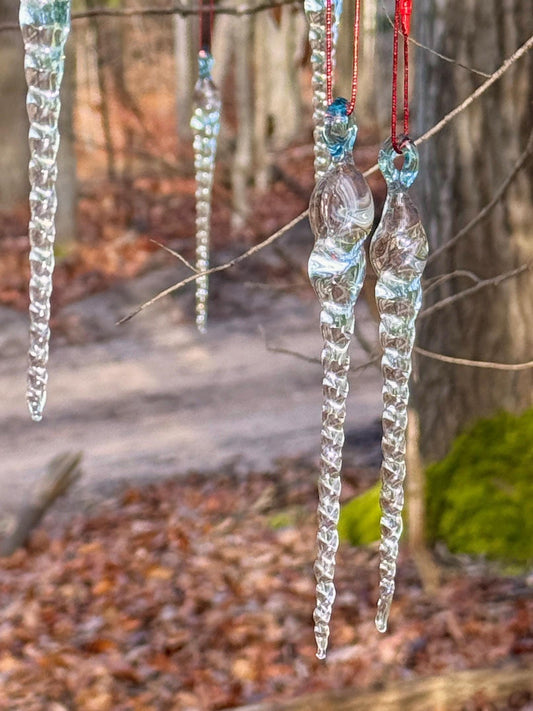 Set of clear hand blown glass icicle Christmas ornaments