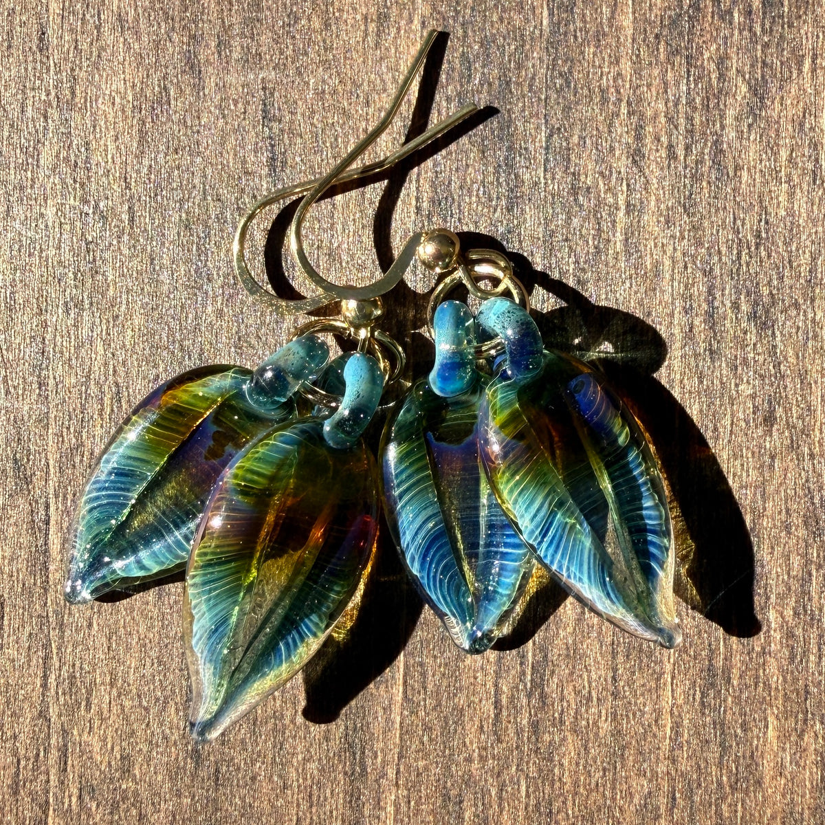 Feather Earrings – Iridescent Hand Blown Glass Boho Dangles