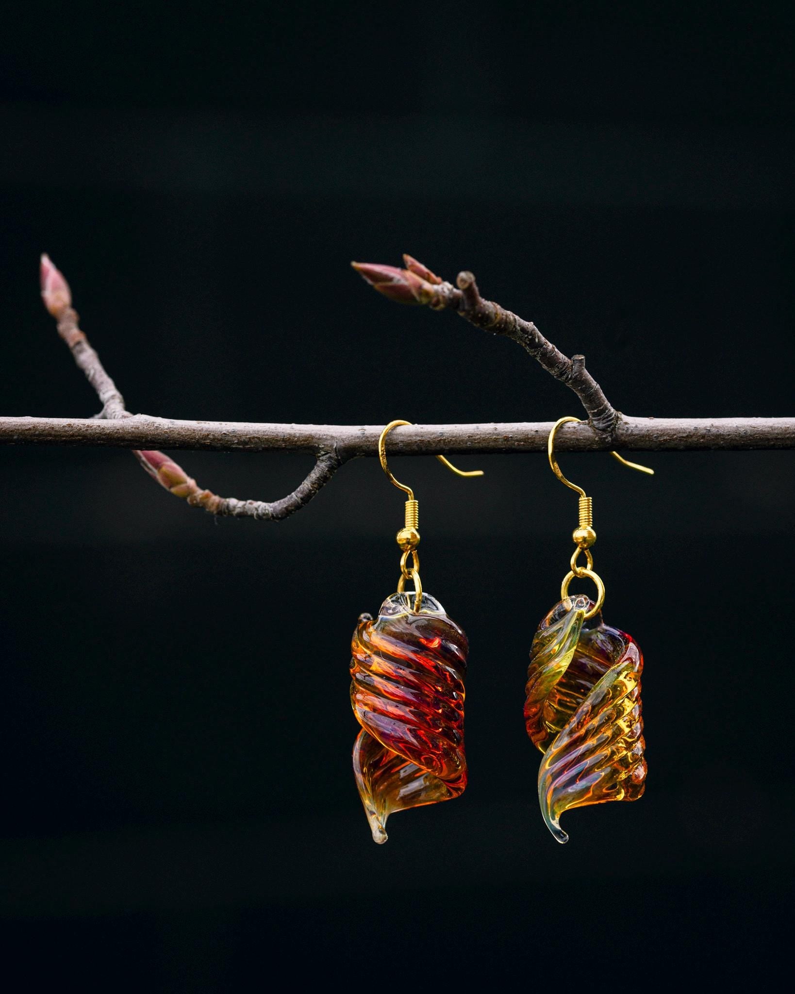 One-of-a-Kind Blown Glass Earrings in Radiant Amber and Purple - Artisan-Crafted