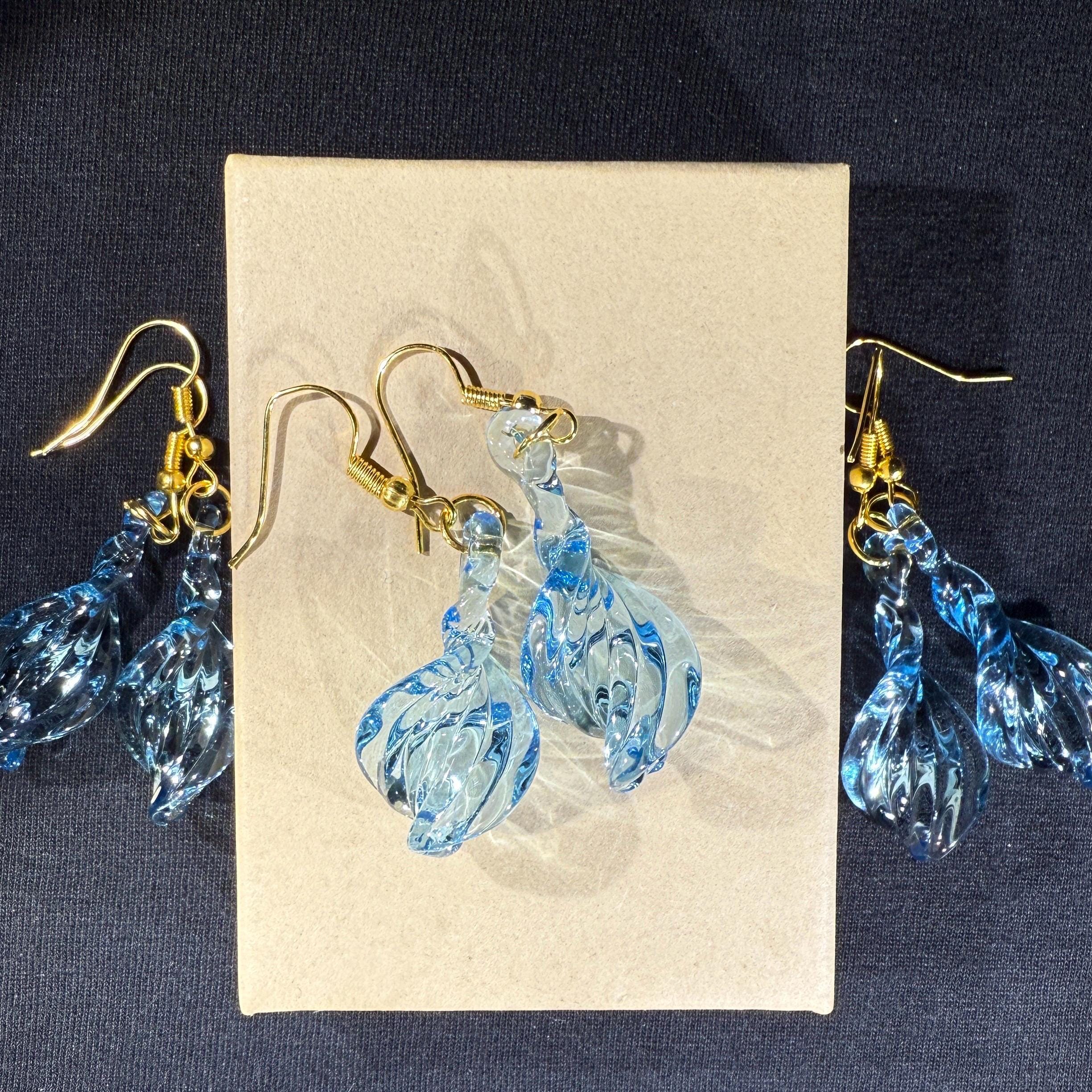 Handmade Sea Blue Blown Glass Earrings: Hypoallergenic Dangle Drop