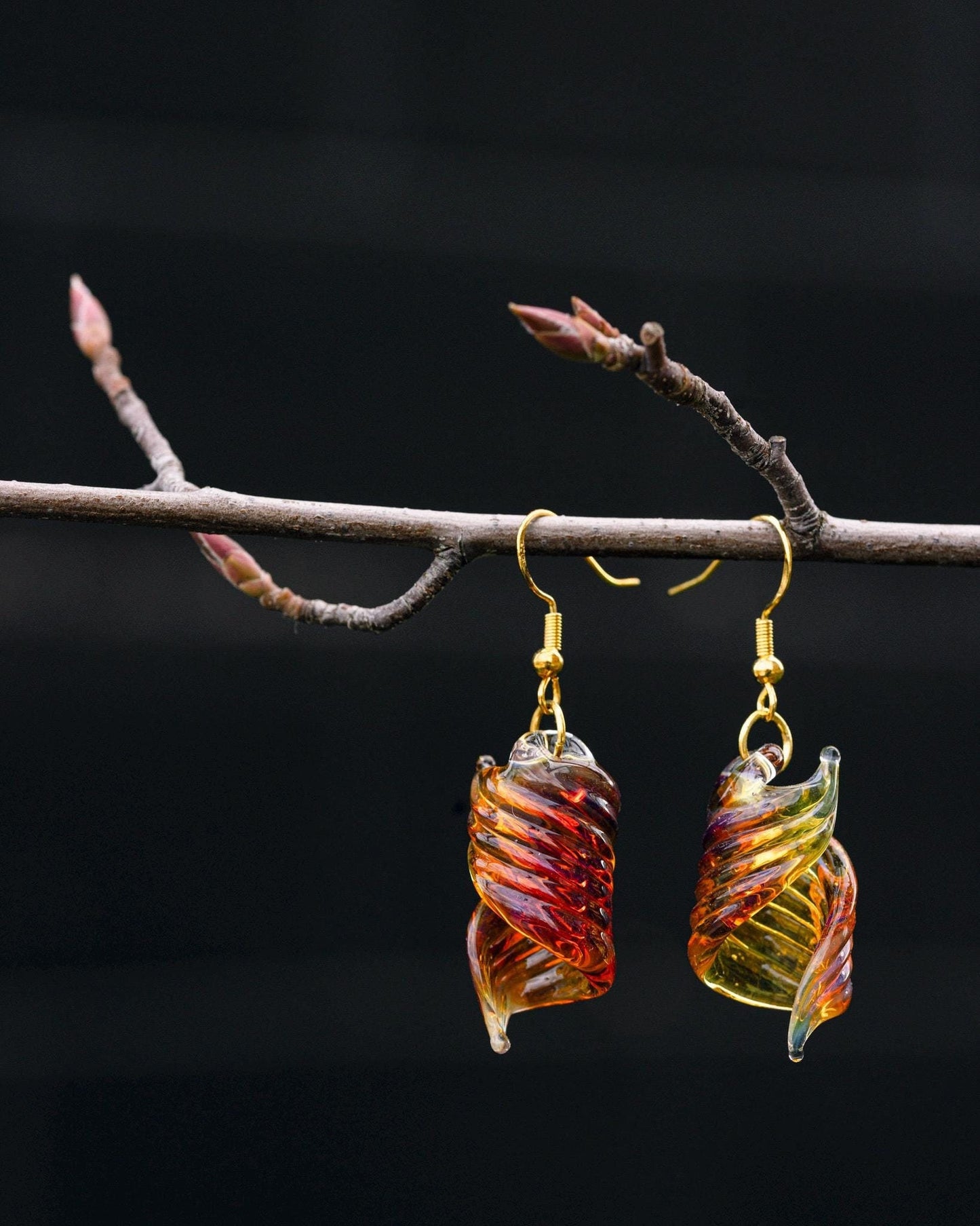 One-of-a-Kind Blown Glass Earrings in Radiant Amber and Purple - Artisan-Crafted