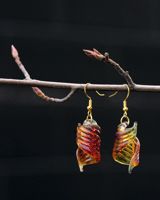 One-of-a-Kind Blown Glass Earrings in Radiant Amber and Purple - Artisan-Crafted