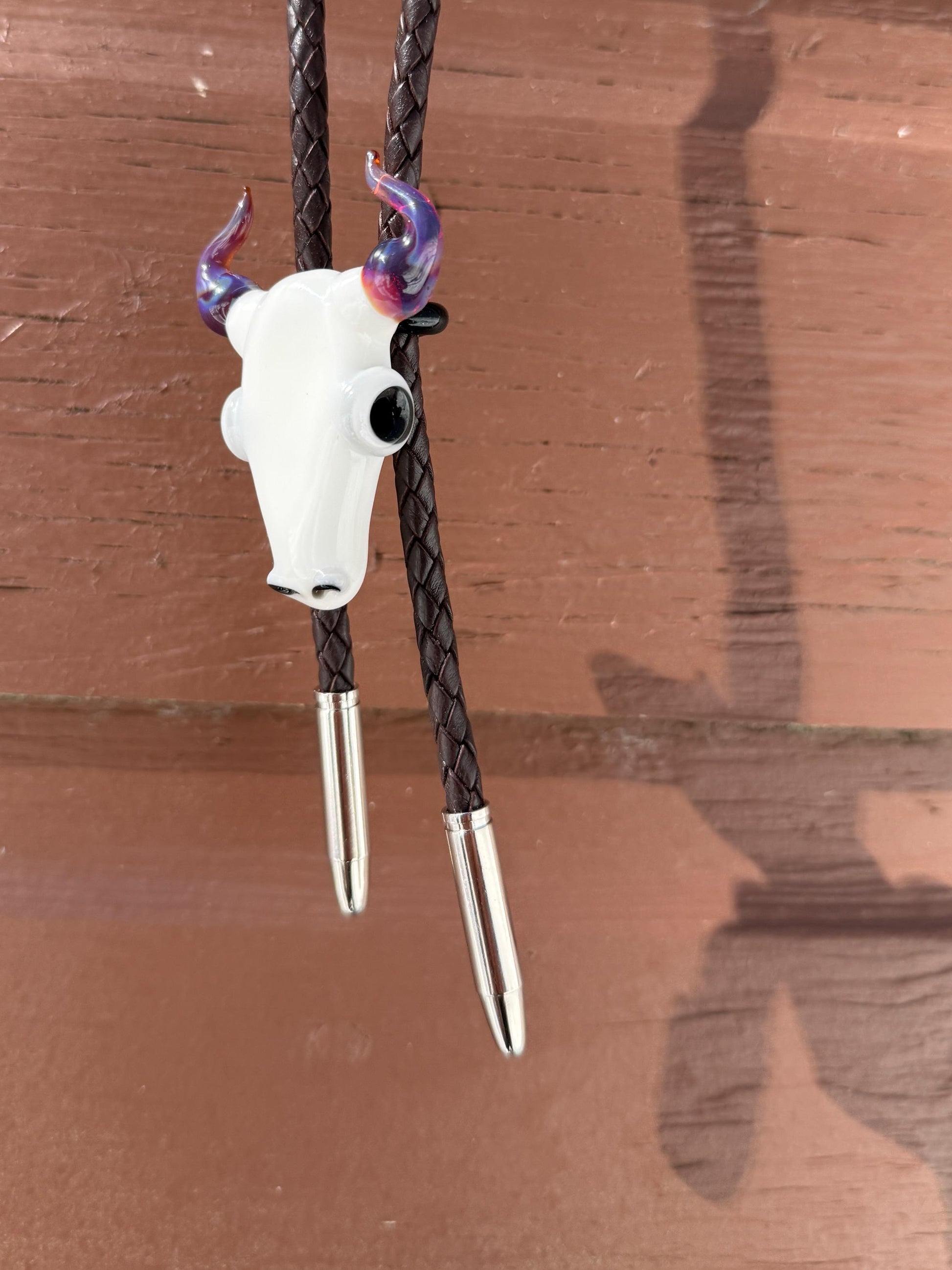 Buffalo Skull Bolo Tie - Western Blown Glass Jewelry - Rodeo Country Cowboy Art - One Of A Kind Bolero
