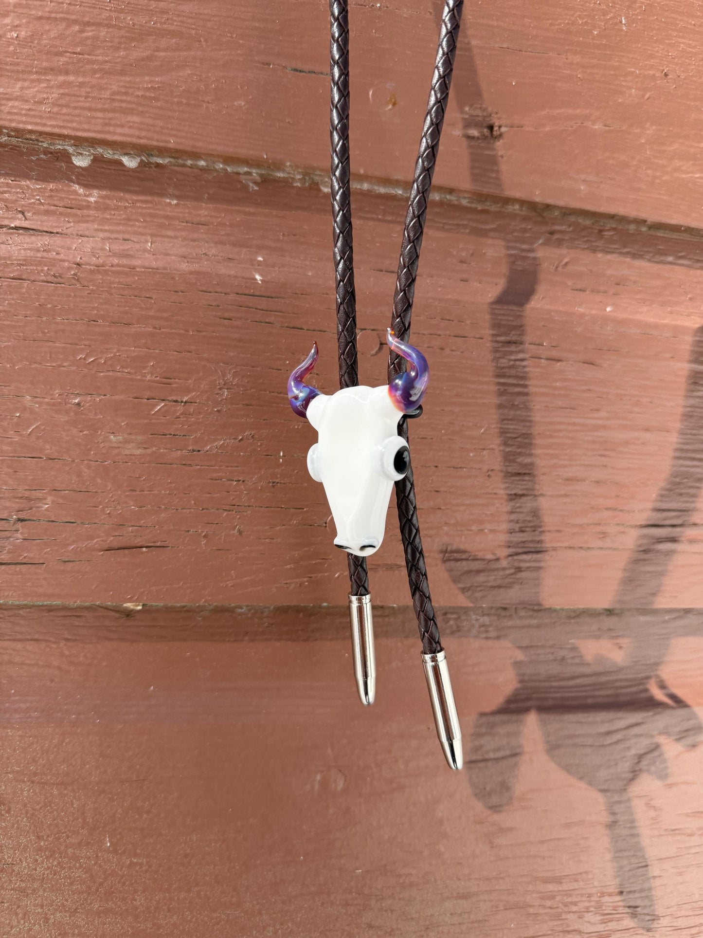 Buffalo Skull Bolo Tie - Western Blown Glass Jewelry - Rodeo Country Cowboy Art - One Of A Kind Bolero