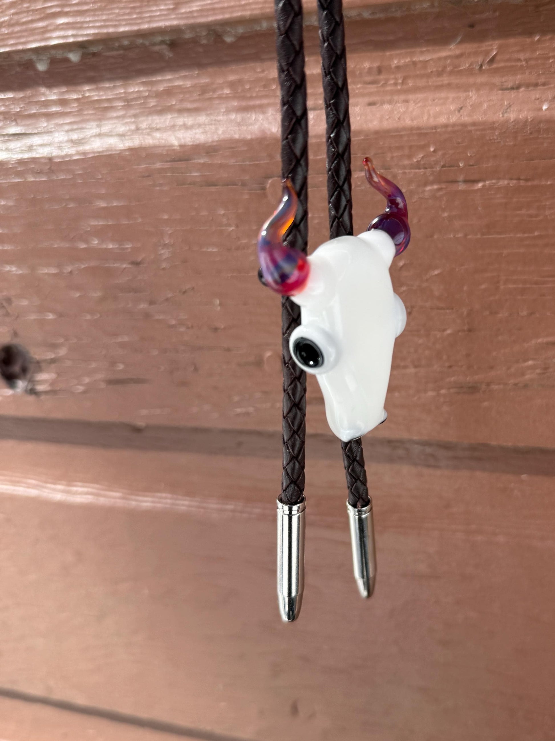 Buffalo Skull Bolo Tie - Western Blown Glass Jewelry - Rodeo Country Cowboy Art - One Of A Kind Bolero