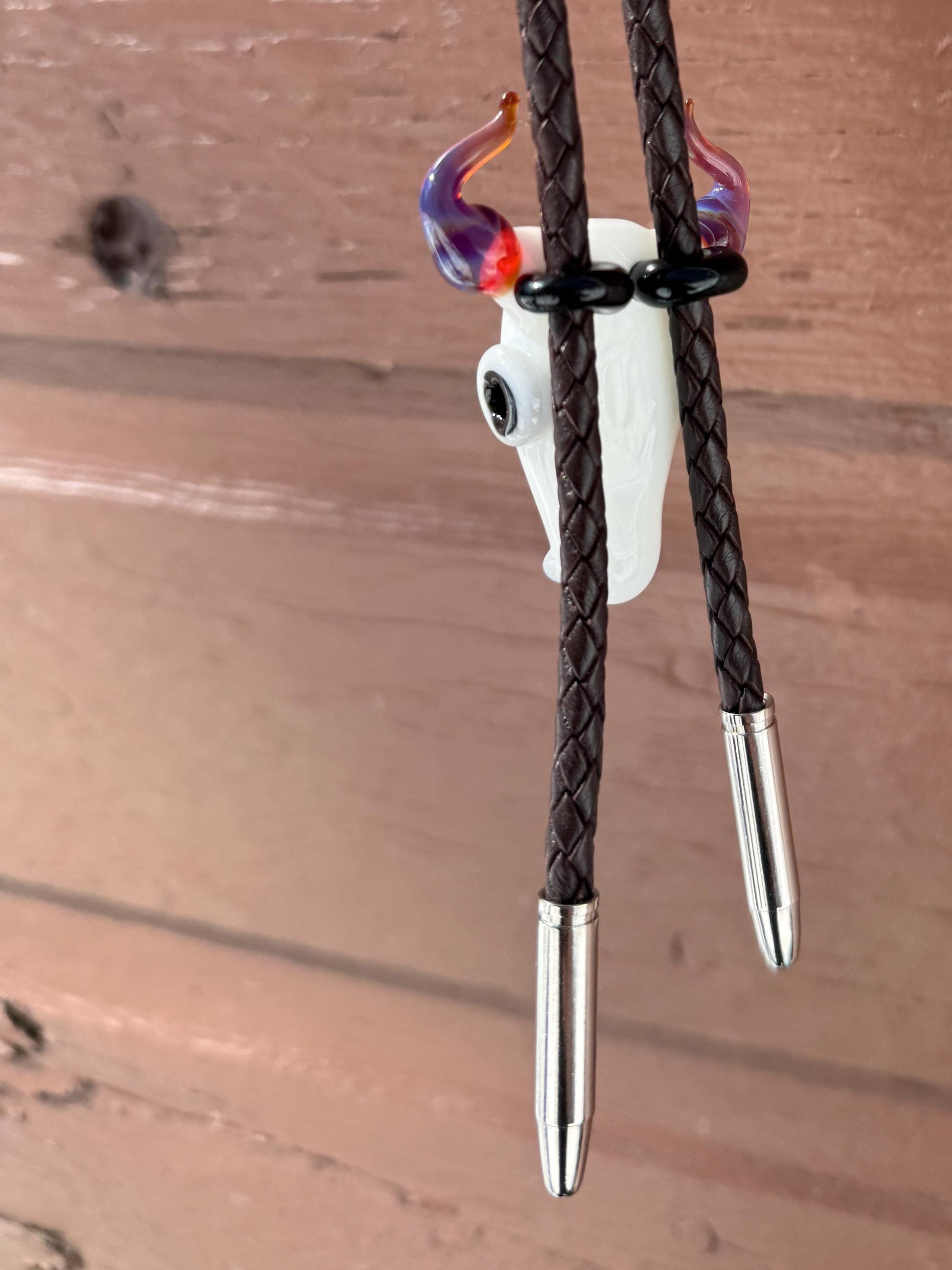 Buffalo Skull Bolo Tie - Western Blown Glass Jewelry - Rodeo Country Cowboy Art - One Of A Kind Bolero