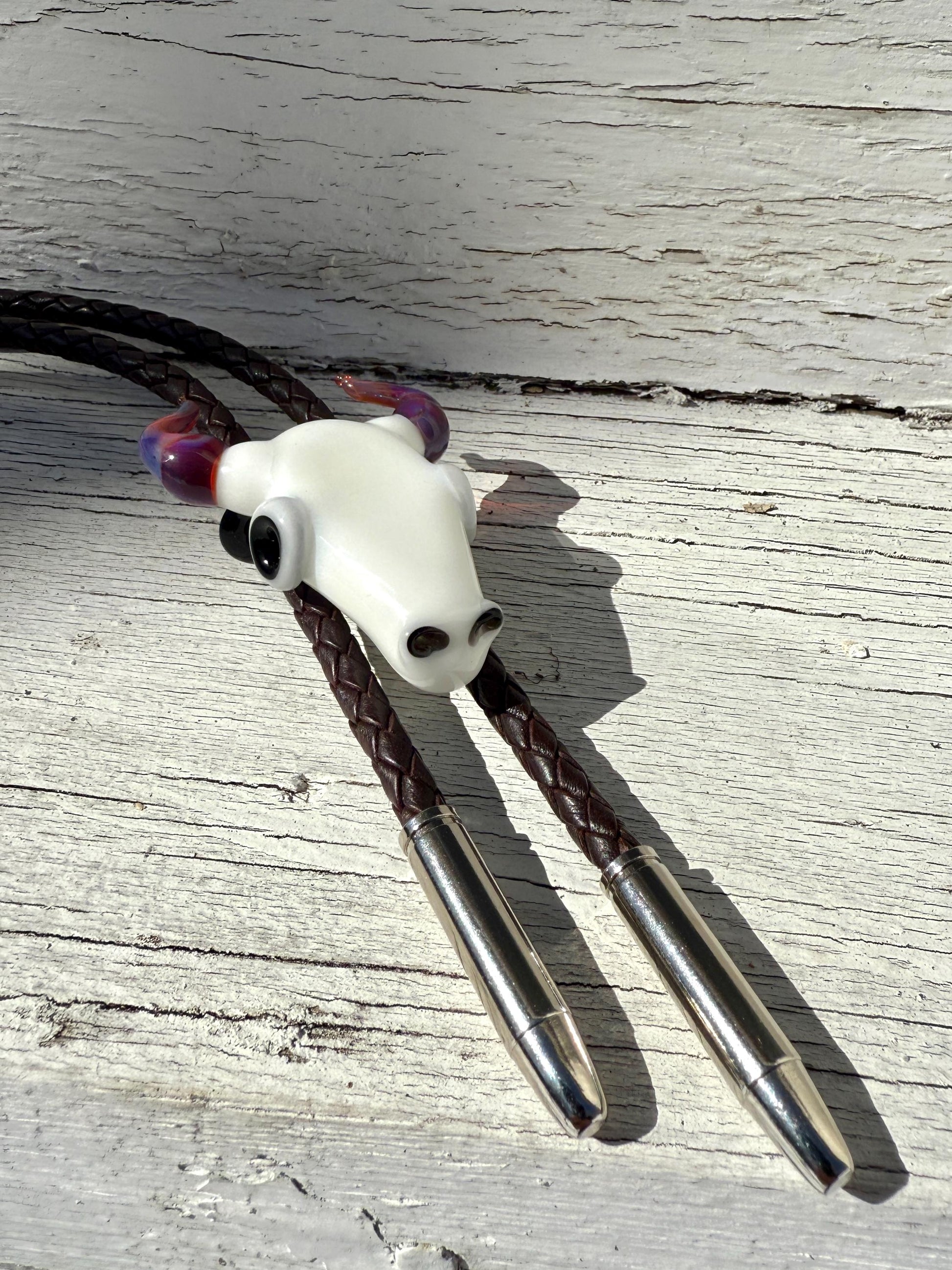 Buffalo Skull Bolo Tie - Western Blown Glass Jewelry - Rodeo Country Cowboy Art - One Of A Kind Bolero