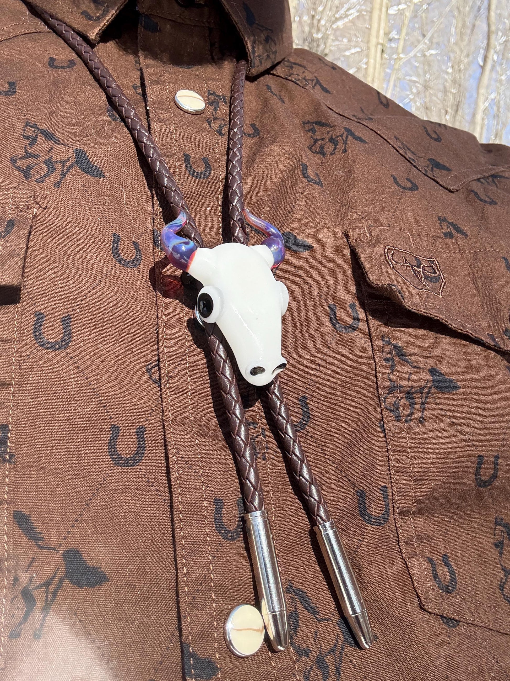 Buffalo Skull Bolo Tie - Western Blown Glass Jewelry - Rodeo Country Cowboy Art - One Of A Kind Bolero