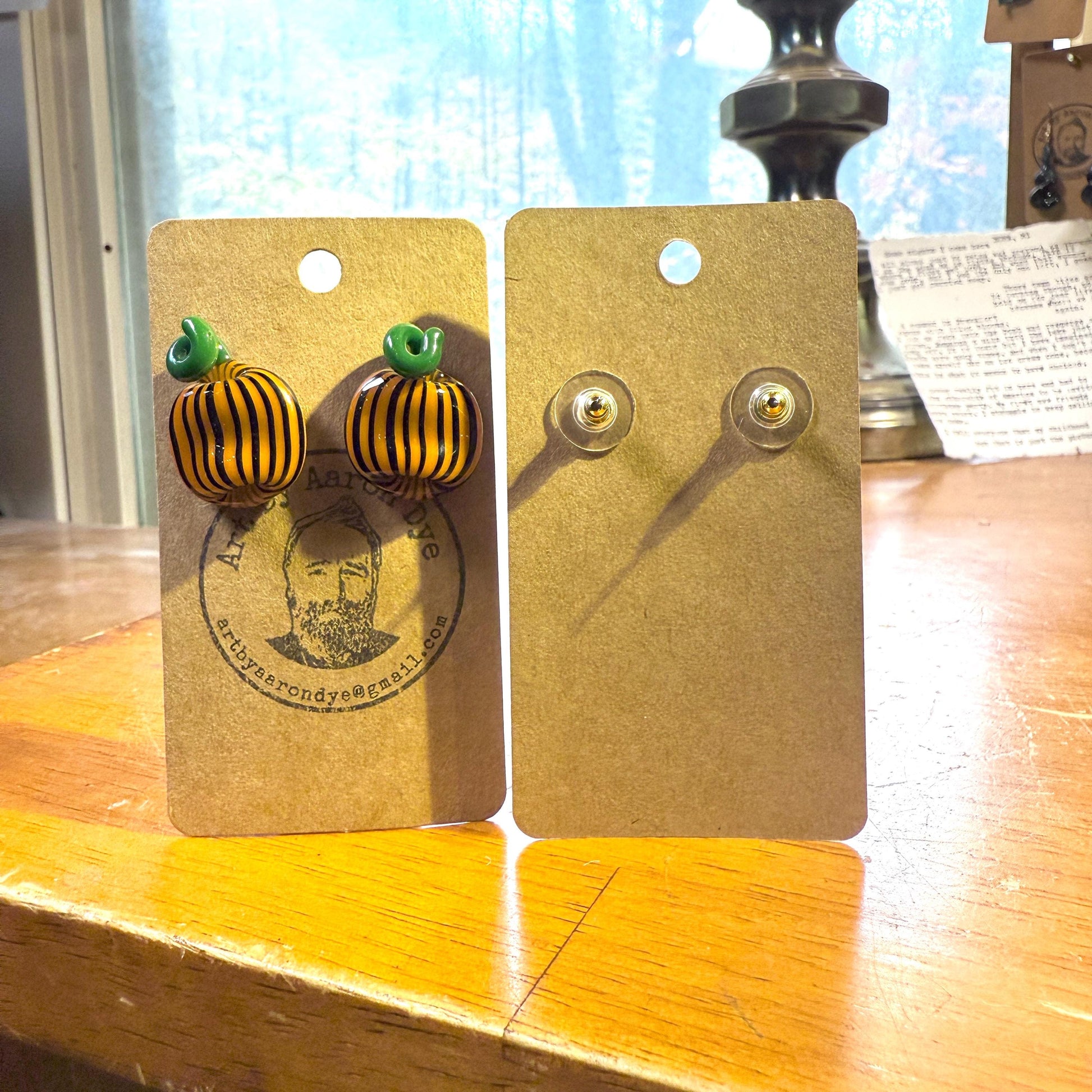 Pumpkin Earrings - Handmade Blown Glass Jewelry with Flatback Studs - Hypoallergenic Nickel-Free posts