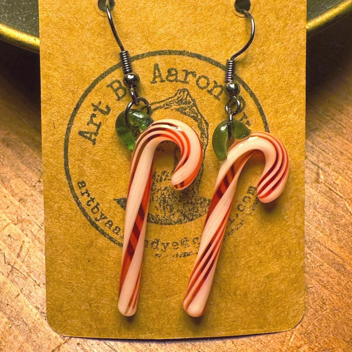 Blown Glass Candy Cane Earrings - Handmade Small Batch Jewelry - Hypoallergenic Gunmetal Hooks - Vintage Style Holiday Gifts