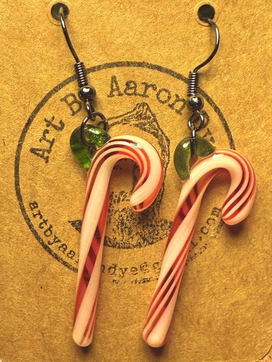 Blown Glass Candy Cane Earrings - Handmade Small Batch Jewelry - Hypoallergenic Gunmetal Hooks - Vintage Style Holiday Gifts