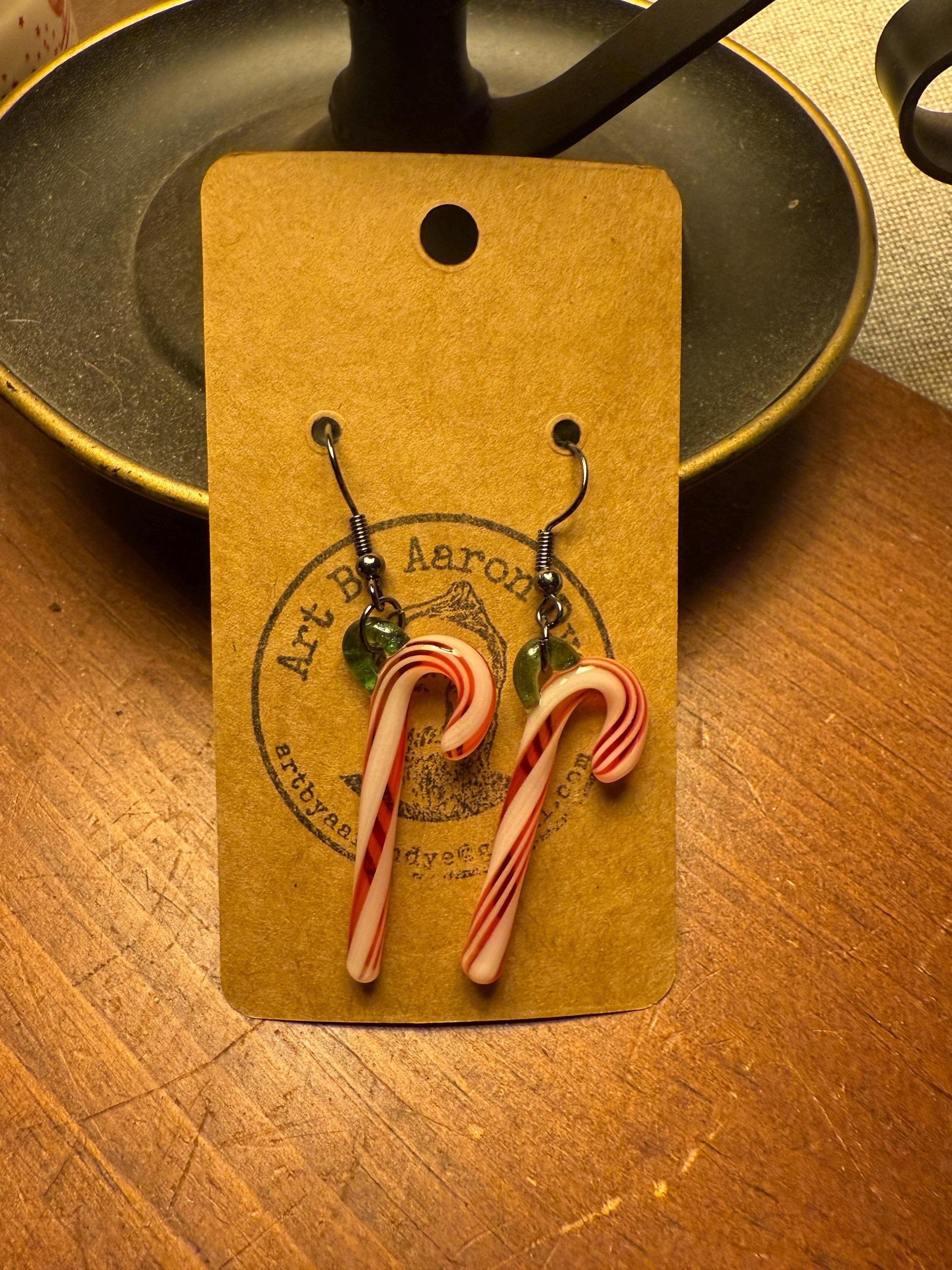 Blown Glass Candy Cane Earrings - Handmade Small Batch Jewelry - Hypoallergenic Gunmetal Hooks - Vintage Style Holiday Gifts