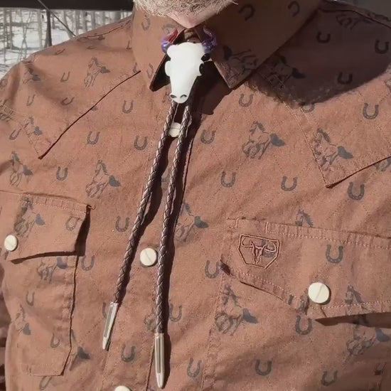 Buffalo Skull Bolo Tie - Western Blown Glass Jewelry - Rodeo Country Cowboy Art - One Of A Kind Bolero