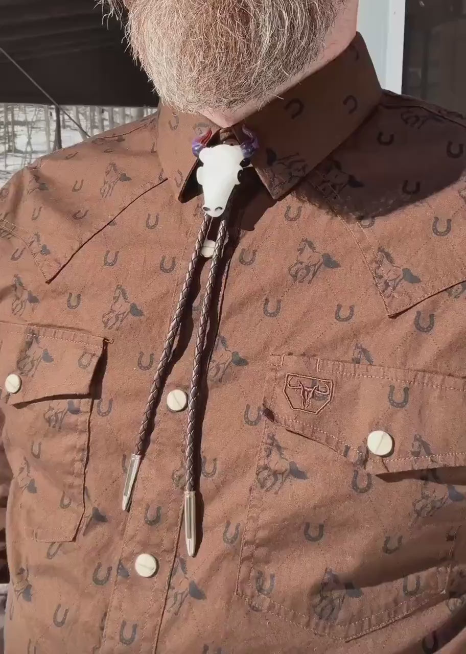 Buffalo Skull Bolo Tie - Western Blown Glass Jewelry - Rodeo Country Cowboy Art - One Of A Kind Bolero
